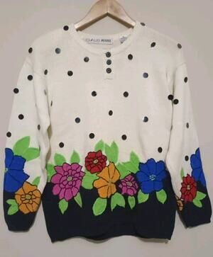 VTG Chaus Petites Ivory Floral Print Beaded Pullover Knit Sweater M